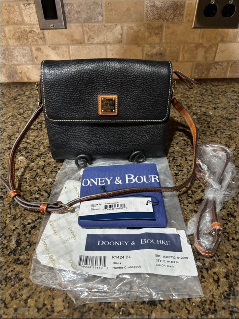 Dooney & Bourke Black Crossbody with Tan Trim and Gold-Tone Logo